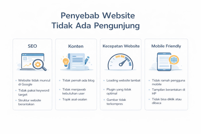 infografis website tidak ada pengunjung kenali penyebabnya by senjani jasa pembuatan website